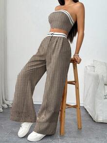 Almamuse 美式Y2K辣妹风露脐上衣及下装套装 – 撞色滚边高腰纽扣设计 | 质感面料，完美打造日常街头风/休闲派对造型 | 复古格纹无肩带上衣及阔腿裤套装 - 棕色 - 查看 3