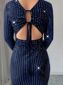 Rafferiza Solid Color Backless Sequin Patchwork Round Neck Bodycon Sexy Long Sleeve Dress - Navy Blue - View 6