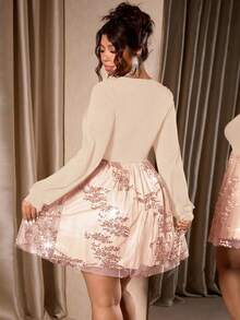 Cravure Kooky Elegance 系列（忧郁气质）（周三美学）亮片网纱迷你连衣裙 - 香檳色 - 查看 2