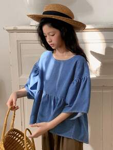 DAZY Tween Girls Round Neck Short Sleeve Denim Top - Blue - View 8