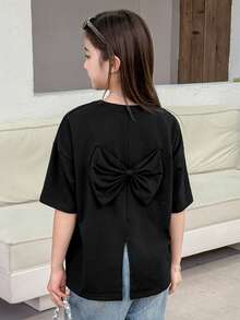 DAZY Tween Girl Plain Round Neck Backless Split Casual Short Sleeve T-Shirt - Black - View 9