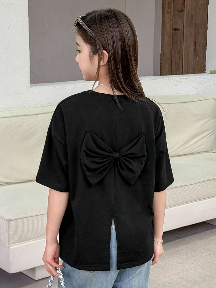 Tween Girl Plain Round Neck Backless Split Casual Short Sleeve T-Shirt Summer