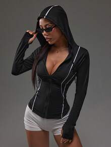 Dewbera Sports Chic Zip-Up Jacket With Mayan Jacquard Patchwork, Ribbed Trim, Fitted With Thumb Hole Cuff Long Sleeve Hoodie - Black - View 7