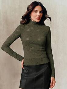 Anewsta Áo lót dài tay ren mỏng nhẹ, thanh lịch, thời trang, gợi cảm, đa năng, phù hợp cho mùa thu, đông, xuân, năm mới, tiệc tùng, đám cưới. - Màu xanh Ô liu - Xem 6