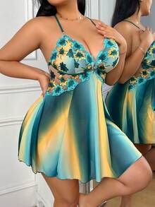 SHEIN 大码女式刺绣彩虹渐变印花网纱露背吊带睡裙 - 彩色 - 查看 5