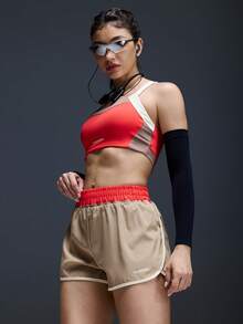 Powerista 女士休闲撞色字母印花运动文胸短裤套装，夏季 - 紅色 - 查看 7