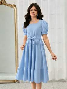 Teenage Girls' Elegant Textured Jacquard Lantern Sleeve Layered Dress, Suitable For Daily Wear And Various Occasions, Spring/Summer, Blue - Blue - View 4