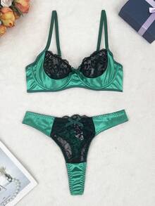 Seduluxe 2pcs/Set Women Lace Sexy Bra And Panty Set With Underwire Sexy Lingerie - Dark Green - View 4