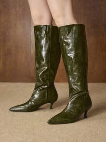 MOTF PREMIUM WOMEN CROCODILE EMBOSSED POINT TOE KNEE-HIGH BOOTS VALENTINE'S DAY - Olive Green - View 5