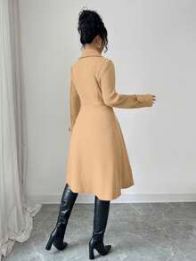 SHEIN Elenzya Áo khoác nữ hai hàng cúc, ve áo bằng chất liệu len pha, kiểu dáng thanh lịch, thường ngày, phù hợp đi làm, công sở, hẹn hò lãng mạn, dự tiệc Giáng sinh, màu đỏ tía, Thu/Đông, - Màu Khaki - Xem 2