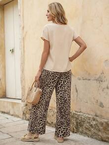 Faunlyn 2pcs/Set Women Solid Color Round Neck Short Sleeve Top And Leopard Print Pants - Multicolor - View 2
