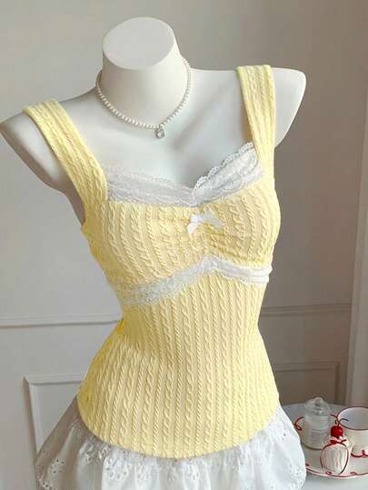 Comfortcana Women's Contrast Lace Bow Decor Ruffle Fashion Camisole Cute Yellow Top Light Yellow Top Yellow Summer Top Butter Yellow Top
