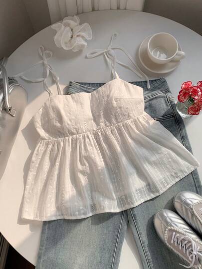 Comfortcana White Woven Polka Dot Camisole For Women