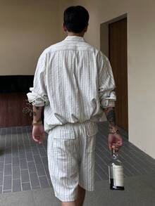 DAZY Bộ áo sơ mi dài tay kẻ sọc và quần short nam, thích hợp cho mùa hè. - Nhiều màu - Xem 2