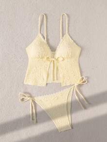 Swim Mod 2pcs Women Textured Fabric Elegant Camisole & Bikini Set - Light Yellow - View 3