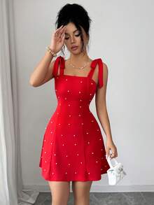 Rafferiza 女士纯色优雅独特时尚珍珠蝴蝶结装饰修身A字迷你连衣裙 - 紅色 - 查看 5