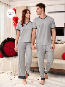 CoupledUp Plaid Print Patchwork V-Neck Short Sleeve Pants Men Pajama Set Men Lounge Set V Neck Lounge Wear Men's Sleepwear Couple Pjs Couple Matching Pajamas Set - Grey - View 6