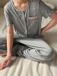 DAZY Tween Girl Floral Print Short Sleeve Button-Up Top And Pants Pajama Set - Dark Grey - View 1