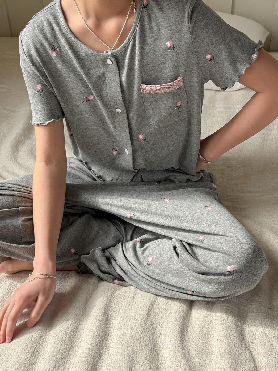 DAZY Tween Girl Floral Print Short Sleeve Button-Up Top And Pants Pajama Set - Dark Grey - View 1