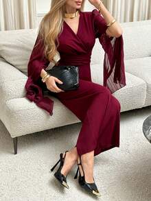 Elenzga Women's Elegant Romantic Precise V-Neck Waist Flared Leg Jumpsuit - Burgundy - View 6