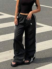 Muchica 女士休闲简约马匹图案条纹阔腿运动裤，适合夏季穿着 - 黑色 - 查看 5