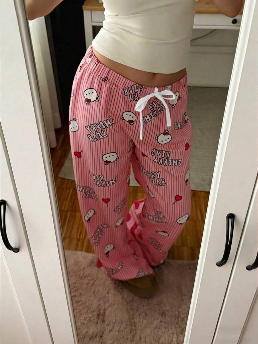 CovetEZ 休闲简约女式粉色条纹樱桃熊撞色腰带宽松阔腿裤，适合春夏、居家、度假穿着 - 彩色 - 查看 1