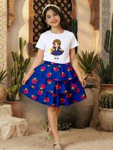 2 Stücke/Set Outfit für Kleine Mädchen, Mädchen Weißes Kurzarm T-Shirt mit Laternendruck und blauer Blumen-Rüschenrock, von Nahost inspirierte Mode - Verschiedenfarbig - Übersicht 3