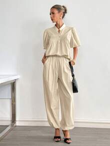 Siren Gaze 女士亚麻灯笼袖衬衫和阔腿裤套装，纯棉女士两件套 - 杏色 - 查看 8
