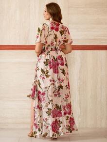 Roveilla Plus Size V-Neck Chiffon Floral Print Ruffle Sleeve Pleated Split Hem Flowy Elegant Vintage Maxi Dress For Party & Holiday - Pink - View 2