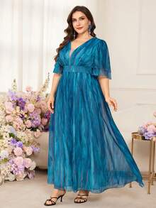 Modelyn Gaun Wanita Ukuran Besar Elegan dengan Motif Tie-Dye dan Pinggang Ramping - Biru - View 3