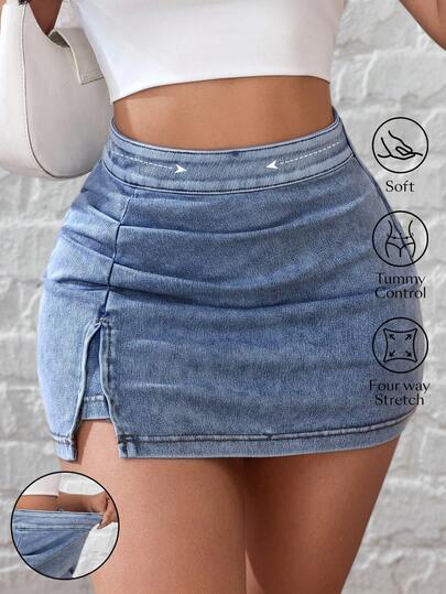 Flexra Damkjol med veckad slitsdesign, modern och mångsidig denimkjol för dejt och fest