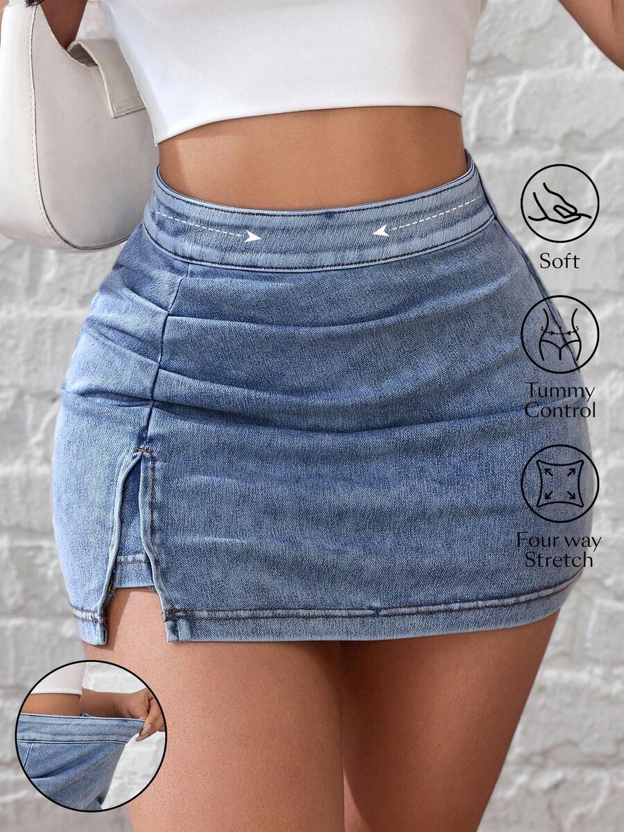 Flexra Women's Pleated Slit Design Fashionable Versatile Date Party Denim Mini Skirt