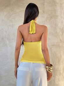 Aloruh Women's Elegant Multi-Layer Ruffle Trim Stand Collar Fitted Tank Top Yellow Halter Top Yellow Summer Top Yellow Top Women - Yellow - View 2