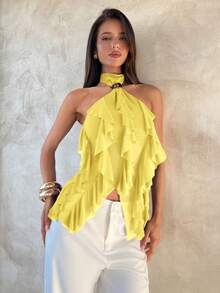 Aloruh Women's Elegant Multi-Layer Ruffle Trim Stand Collar Fitted Tank Top Yellow Halter Top Yellow Summer Top Yellow Top Women - Yellow - View 7