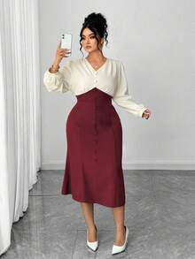 SHEIN Elenzya 时尚优雅的通勤撞色拼接美人鱼下摆加大码连衣裙 - 酒紅色 - 查看 7