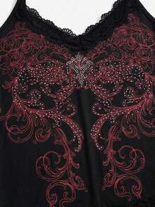 ROMWE Fairycore Women's Solid Color Lace Patchwork Crystal Decor Camisole Top - Black - View 2