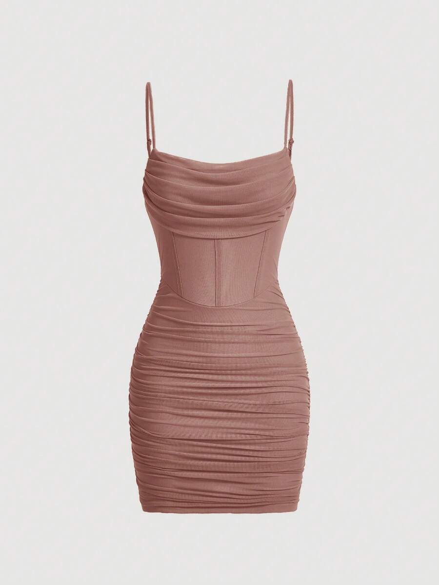 SHEIN MOD Solid Color Pleated Bodycon Strapless Dress - Dusty Pink - View 1