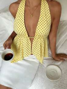 CovetEZ 休闲简约度假风马卡龙色波点印花女士宽松露背不对称下摆紧身吊带背心 - 彩色 - 查看 6
