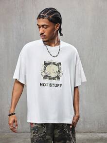 HOT STUFF X SHEIN 男士休闲卡通字母图案短袖T恤，夏季款 - 白色 - 查看 3