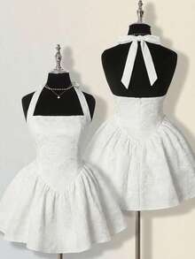 SHEIN ICON 女士提花露背连衣裙，性感优雅的宫廷风格 - 白色 - 查看 1