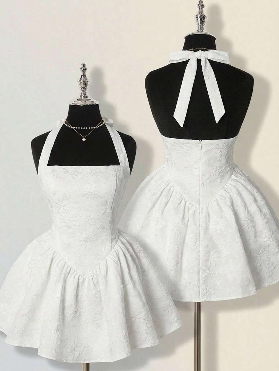 SHEIN ICON 女士提花露背连衣裙，性感优雅的宫廷风格 - 白色 - 查看 1