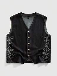 Street Life Men's Cross Rhinestone Decor Fashionable Versatile Casual Denim Vest