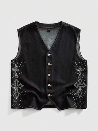 Street Life Chaleco vaquero casual versátil y de moda con decoración de cruz de rhinestone para hombres