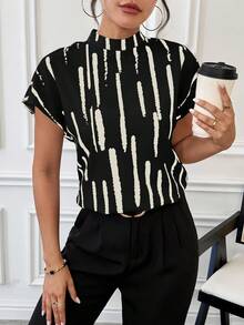 SHEIN Essnce Women's Summer Brush Print Stand Collar Short Sleeve Casual Loose Shirt - Black - View 4