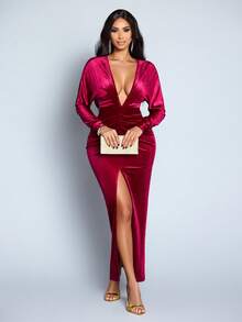 SOLERSUN 秋冬女士连衣裙，优雅，适合派对、圣诞节等场合，针织面料，深V领，长袖，落肩袖，腰部和臀部褶裥设计，前中开衩，及地长裙 - 紅色 - 查看 3