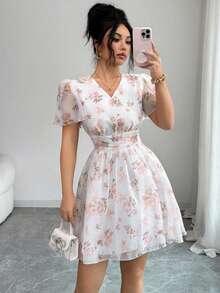 Modelyn French Design Shirred Digital Print Short Dress For Women - Apricot - View 4