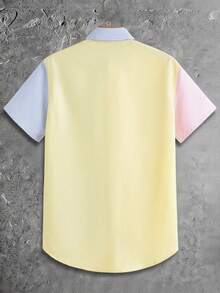 GENTILAND Men's Contrast Stripe & Woven Patchwork Short Sleeve Shirt - Multicolor - View 2