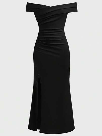 Girlism Tween Girl Solid Color Off-Shoulder Ruched Waist Crossed Hem Slit Fishtail Dress Long Black Dress Off Shoulder Dress Black Dresses Classy Elegant Ruched Dress Elegant Dress
