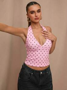 SHEIN BAE Top casual à col ras-du-cou imprimé de pois noirs, convient pour le brunch, les sorties, les rendez-vous, les trajets, les tenues de croisière, les tenues d'Ibiza - Rose bonbon - Voir 4