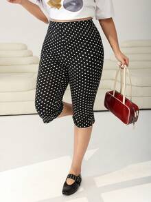 SHEIN EZwear Plus Size Women Polka Dot Print High Waist Casual Cropped Leggings - Black and White - View 4